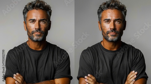 This mockup shows a photo collage of a man wearing a black t-shirt on a white background, from both the back and the front.