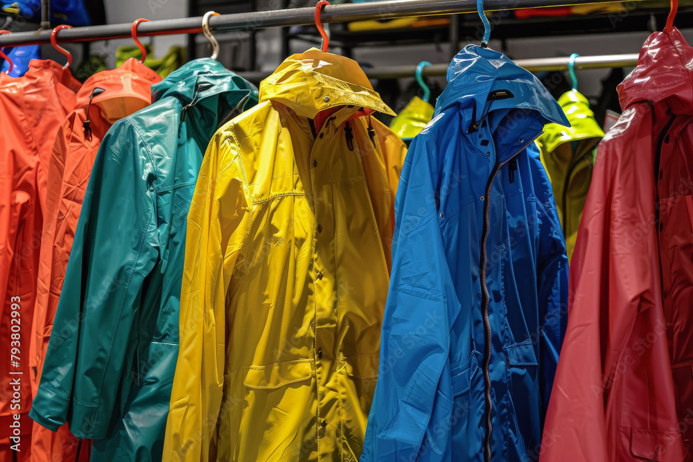 Colorful Raincoats Hung on Hooks in an Outdoor Gear Store, Suggesting Fun Ways to Spend Rainy Days — A Bright and Cheerful Display