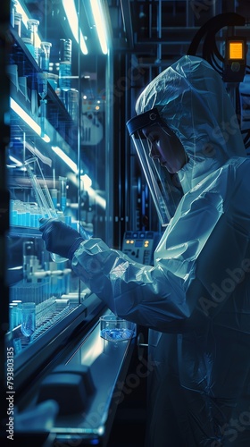 An immunologist working with samples in a biosafety cabinet, in a research lab, focused and advanced, detailed digital art, exclude overly complex scientific apparatus