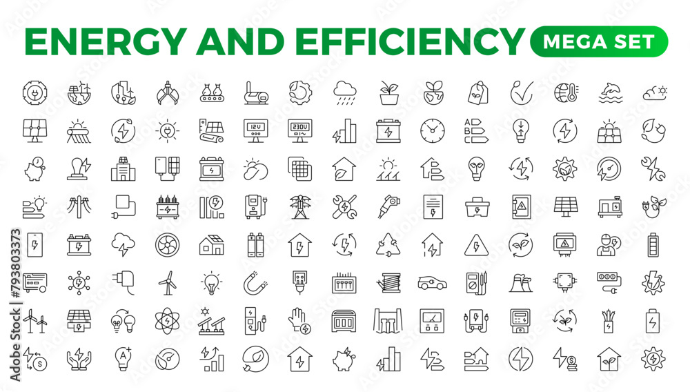 Set of Energy & Ecology line icons set. outline with editable stroke collection. Includes Eco Home, Nuclear Energy, Power Plant, Solar Energy.Simple set about energy efficiency and saving.