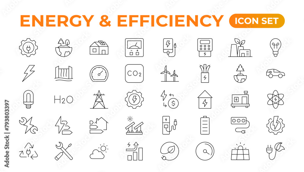 Set of Energy & Ecology line icons set. outline with editable stroke collection. Includes Eco Home, Nuclear Energy, Power Plant, Solar Energy.Simple set about energy efficiency and saving. Set of Energy & Ecology line icons set. outline with editable stroke collection. Includes Eco Home, Nuclear Energy, Power Plant, Solar Energy.Simple set about energy efficiency and saving.