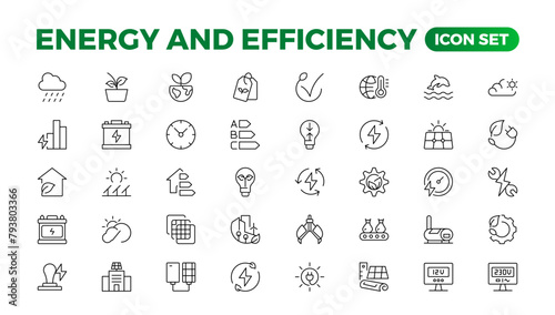 Set of Energy & Ecology line icons set. outline with editable stroke collection. Includes Eco Home, Nuclear Energy, Power Plant, Solar Energy.Simple set about energy efficiency and saving.