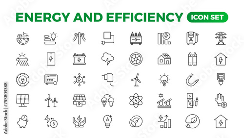 Set of Energy & Ecology line icons set. outline with editable stroke collection. Includes Eco Home, Nuclear Energy, Power Plant, Solar Energy.Simple set about energy efficiency and saving.