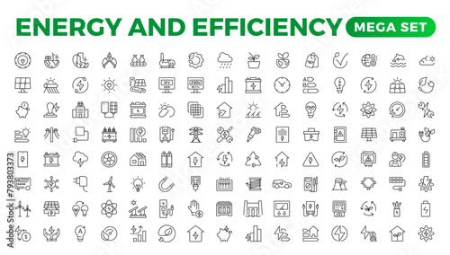 Set of Energy   Ecology line icons set. outline with editable stroke collection. Includes Eco Home  Nuclear Energy  Power Plant  Solar Energy.Simple set about energy efficiency and saving.