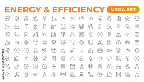 Set of Energy & Ecology line icons set. outline with editable stroke collection. Includes Eco Home, Nuclear Energy, Power Plant, Solar Energy.Simple set about energy efficiency and saving.
