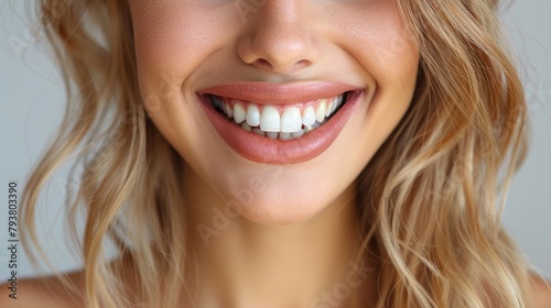 An image of a woman showing healthy gums in close up against a gray background