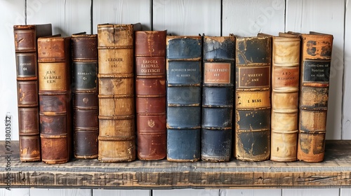 There are many hardcover books on a wooden shelf near a white wall