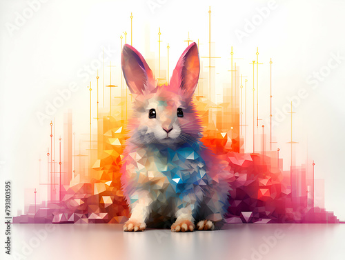 Rabbit on abstract colorful background with high tech graphs. 3D rendering photo
