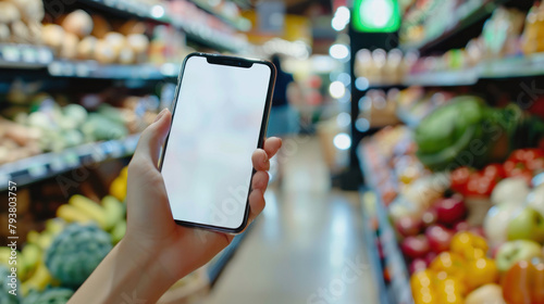 Close-up shot of a hand holding a phone with a blank screen, with a soft-focus background of a supermarket fruit section, ideal for ad mockups