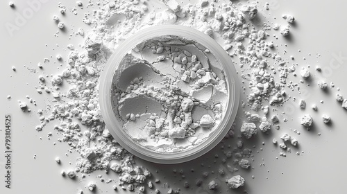 In the top view, a petri dish with calcium carbonate powder is seen on a white background photo