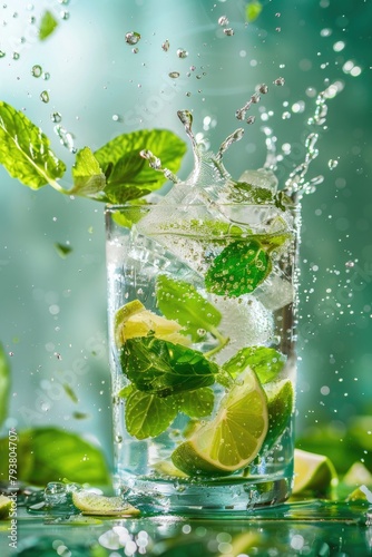 Refreshing Mojito Cocktail with Splashing Lime and Mint