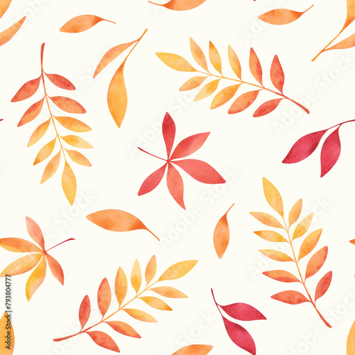 A seamless pattern with multicolored watercolor autumn leaves on a light background is hand-drawn. A beautiful pattern with falling bright leaves. Template for fabric, wallpaper, wrapping paper
