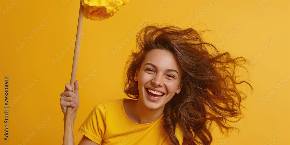 Carefree happy young woman cleaning house living room have fun dancing with mop, smiling overjoyed millennial girl feel excited enjoy making home chores sing entertain using floor broom Carefree happy young woman cleaning house living room have fun dancing with mop, smiling overjoyed millennial girl feel excited enjoy making home chores sing entertain using floor broom