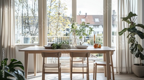 Minimalist family dining room with wooden table and chairs  in a Scandinavian style home interior  with natural light from wide windows and glass doors  with cool interior plant decorations.