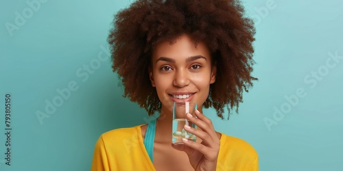 image millennial mixed race girl holding pill and glass of fresh water, taking medicine on teal color background