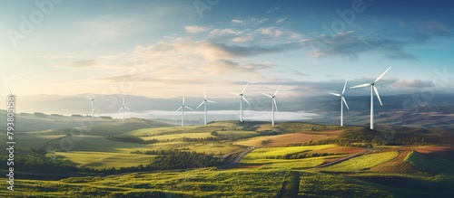 Wind turbines in lush valley under clear sky photo