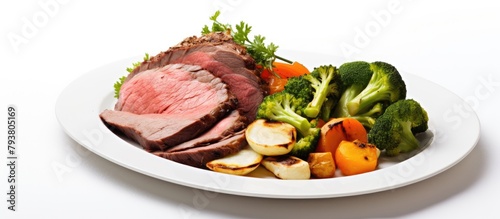 Plate of assorted meat and vegetables on a white dish