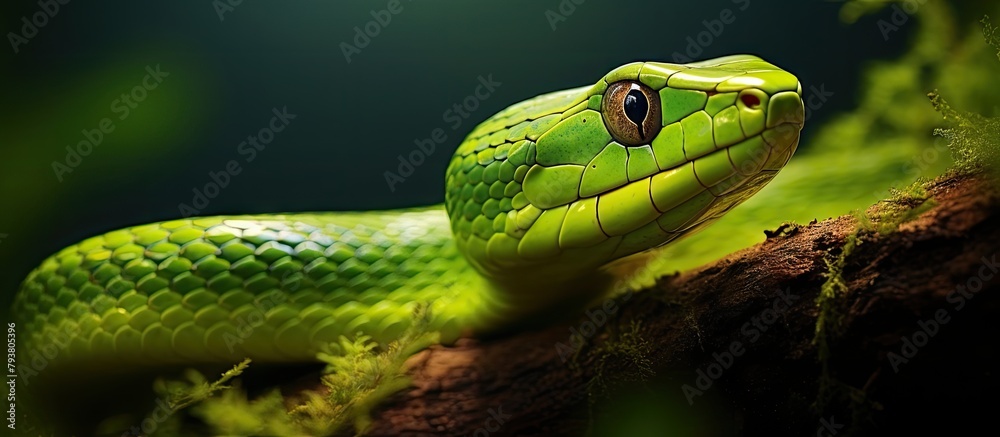 Fototapeta premium Green serpent on dark backdrop
