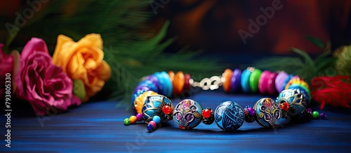 Colorful beads arranged on blue backdrop