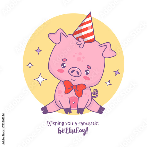 Cute little pig wearing bowtie and birthday cap. Vector illustration. Festive happy birthday card with funny cartoon kawaii animal 