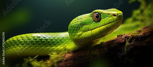 Green serpent on dark backdrop photo