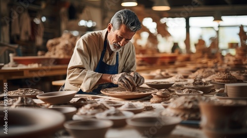 A man crafting pottery on a spinning wheel in a cozy pottery shop