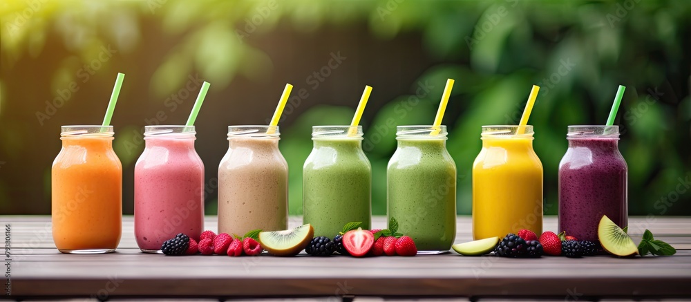 Row of giraffe smoothies with straws and fruits