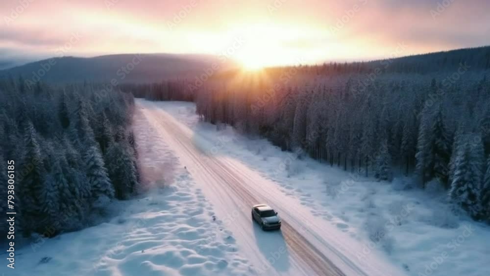 Aerial Perspective: The Journey Through Snow-Covered Roads. car is driving on a snowy road. view from above Aerial Perspective: The Journey Through Snow-Covered Roads. car is driving on a snowy road. view from above