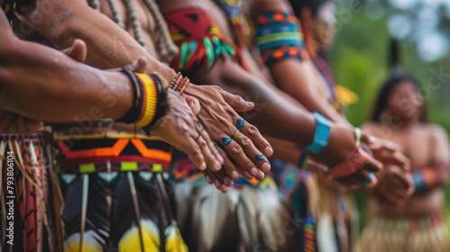 Indigenous tribes in traditional dress, joining hands in unity on their International Day. Indigenous Peoples Day, August 9