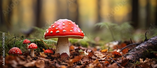 Mushrooms amidst forest foliage on moss-covered ground