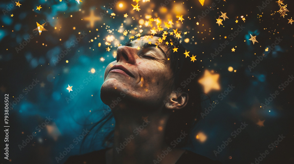 Young woman with closed eyes and glowing stars on her face. Dream concept.