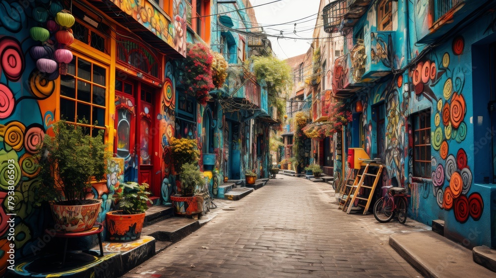 A narrow street adorned with colorful buildings painted in delightful hues, creating a charming and artistic scene
