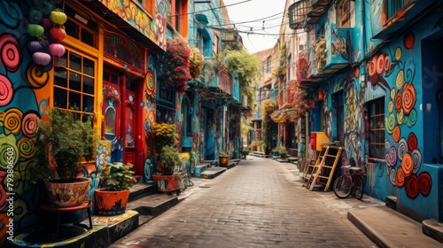 A narrow street adorned with colorful buildings painted in delightful hues, creating a charming and artistic scene © Muhammad