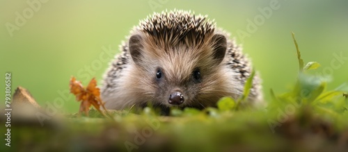 Hedgehog with leaf in mouth among grass