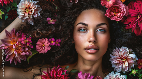 Beautiful young woman with long curly hair and flowers in her hair