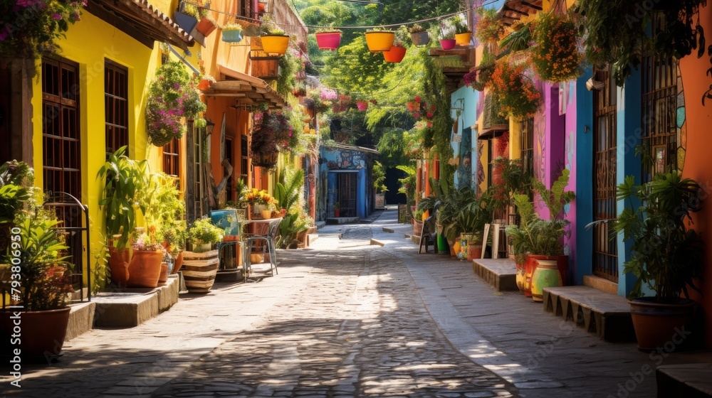 Lush greenery adorns a charming narrow street, creating a serene and picturesque scene