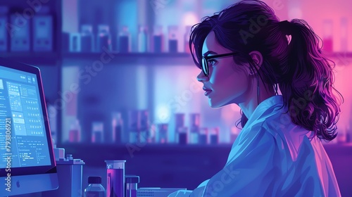 A clinical trials coordinator updating research data on a computer, in a research facility, precise and datadriven, detailed digital illustration, avoid depicting experimental treatments