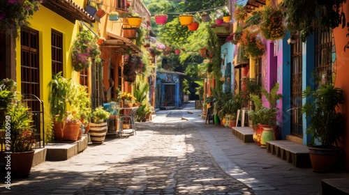Lush greenery adorns a charming narrow street, creating a serene and picturesque scene