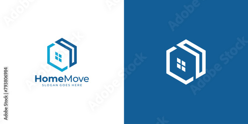 Simple Home Move Logo. Real Estate Logo. Home, House and Arrow with Minimalist, Modern Style. Home Moving Logo Icon Symbol Vector Design Inspiration.