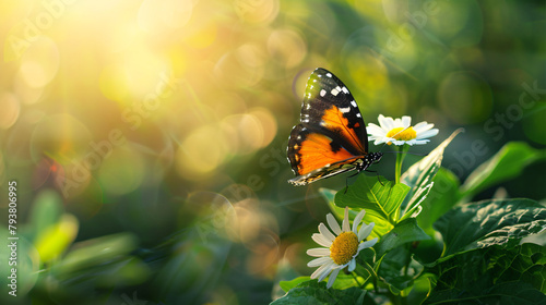 Closeup of orange and black butterfly with white flower