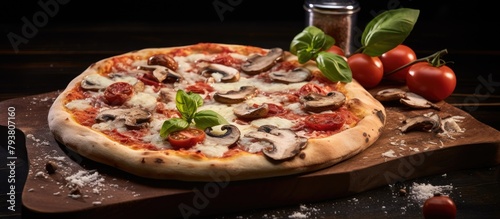 Pizza with mushrooms and tomatoes on a wooden board
