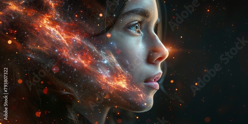 Close-up portrait of a beautiful young woman with a glowing galaxy.