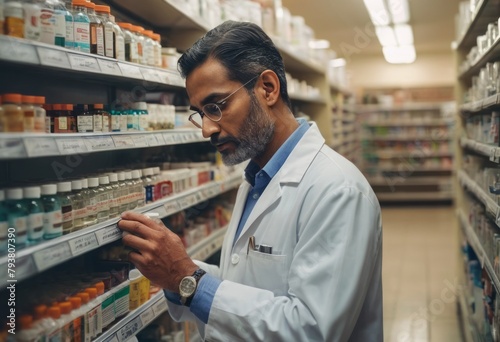 A pharmacist carefully organizes medication on shelves, ensuring accuracy and accessibility in a pharmacy.