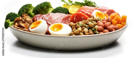 Bowl of hearty meal: meat, beans, broccoli, eggs