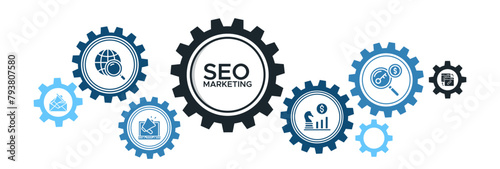 Seo marketing banner web icon vector illustration concept with icons of search, marketing, strategy, keyword research, email marketing, backlink photo