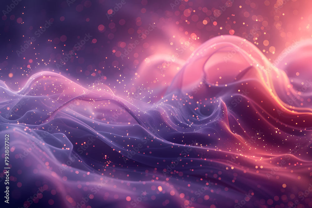 Abstract purple waves with sparkling particles and light effects. Digital art concept of cosmic energy and fluid motion. Design for music album cover, futuristic background, or meditation visual - obrazy, fototapety, plakaty 