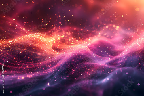 Abstract purple waves with sparkling particles and light effects. Digital art concept of cosmic energy and fluid motion. Design for music album cover, futuristic background, or meditation visual