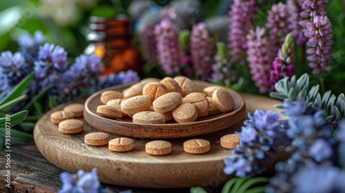 The composition of pills, herbs, and flowers on the wooden table is very close. Dietary supplements on the wooden table.