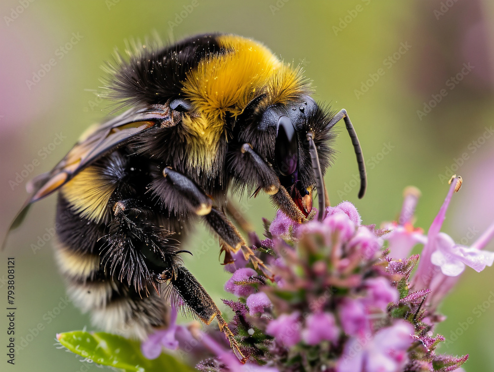 A detailed photo of a bumblebee collecting nectar from a vibrant flower in nature. A detailed photo of a bumblebee collecting nectar from a vibrant flower in nature.