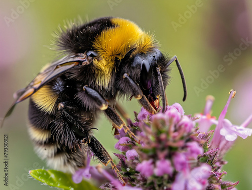 A detailed photo of a bumblebee collecting nectar from a vibrant flower in nature. © Szalai